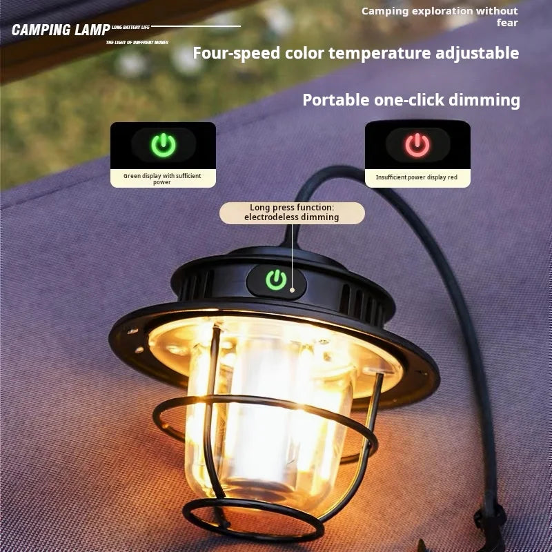 LED Camping Lamp Retro Hanging Lamp Portable Stepless Dimming Camping Light Waterproof Rechargeable Outdoor Light Lantern