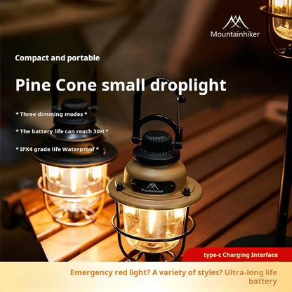 LED Camping Lamp Retro Hanging Lamp Portable Stepless Dimming Camping Light Waterproof Rechargeable Outdoor Light Lantern