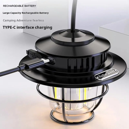 LED Camping Lamp Retro Hanging Lamp Portable Stepless Dimming Camping Light Waterproof Rechargeable Outdoor Light Lantern