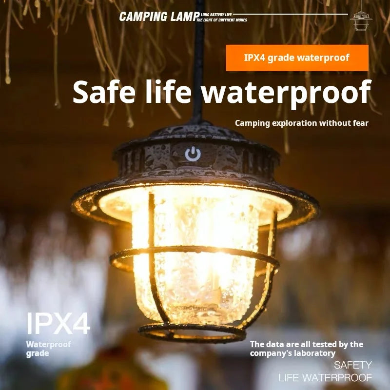 LED Camping Lamp Retro Hanging Lamp Portable Stepless Dimming Camping Light Waterproof Rechargeable Outdoor Light Lantern
